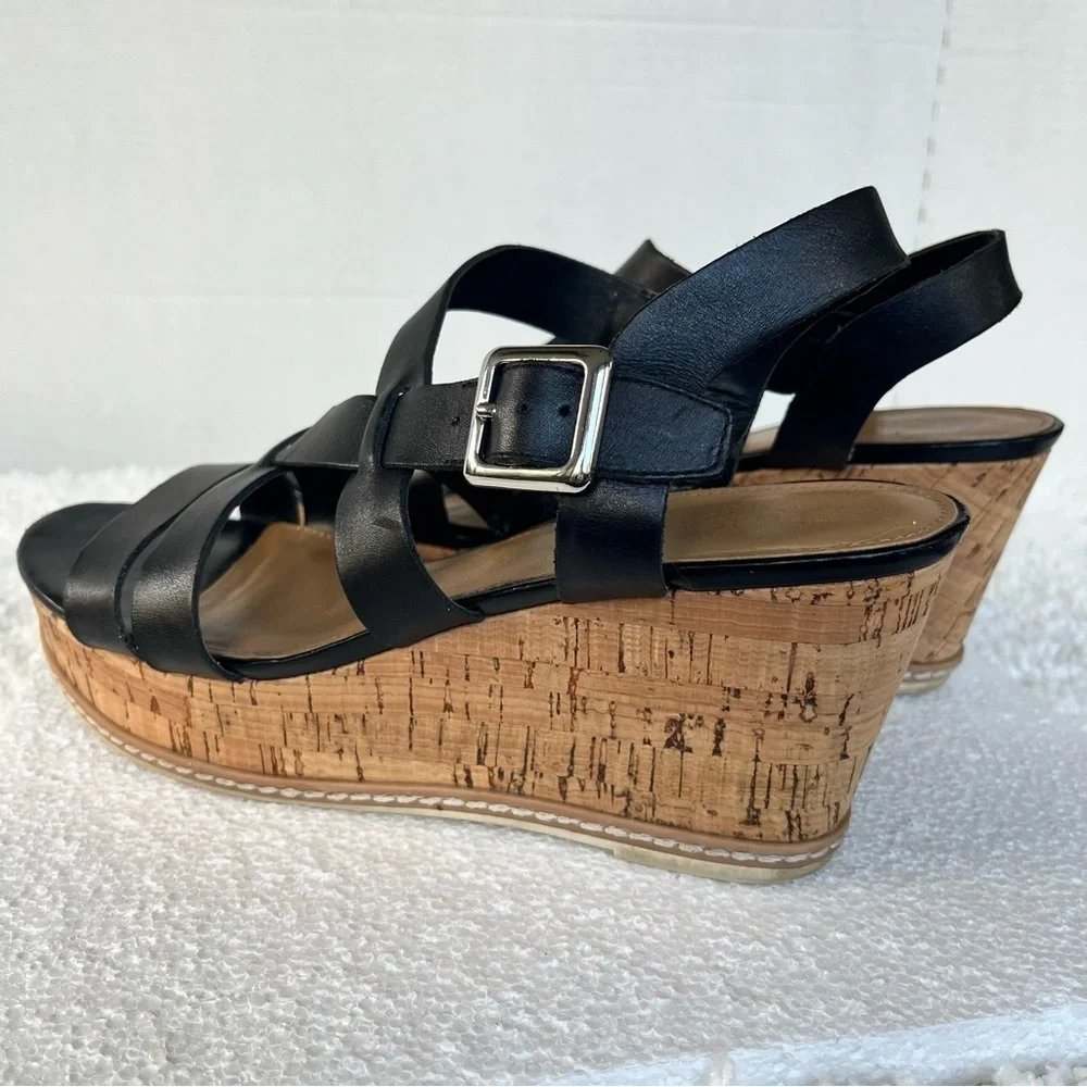 Franco Sarto Women's Leather Black and Tan Cork Strappy Wedge Sandals Size 9M